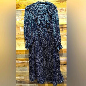 Mango ruffle pleated black cream polka dot lined  midi US4 party office flowy